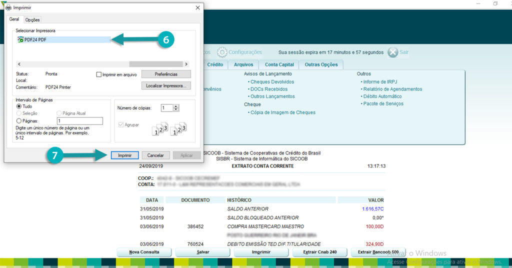 imprimindo o extrato bancário do sicoob em pdf